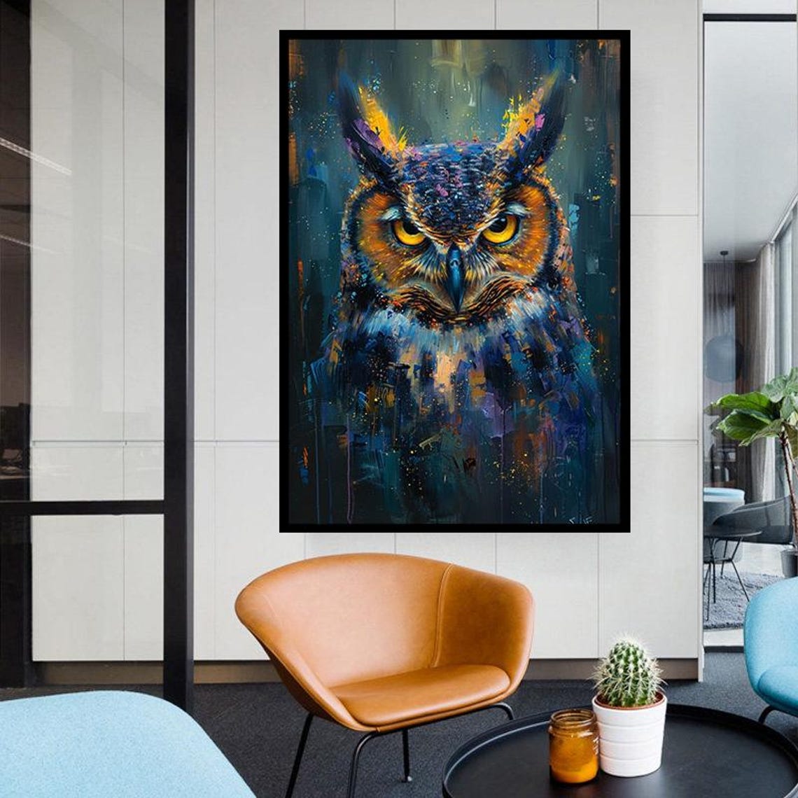 Colorful Abstract Owl With Intense Yellow Eyes Modern Art Poster - Image 3