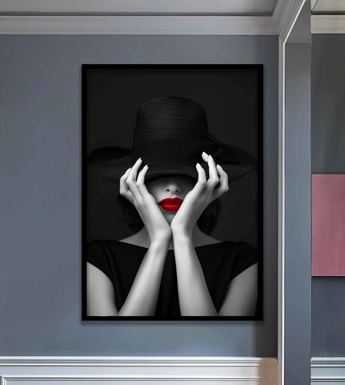Mysterious Woman in Black Hat with Red Lips Fashion Art Poster - Image 5