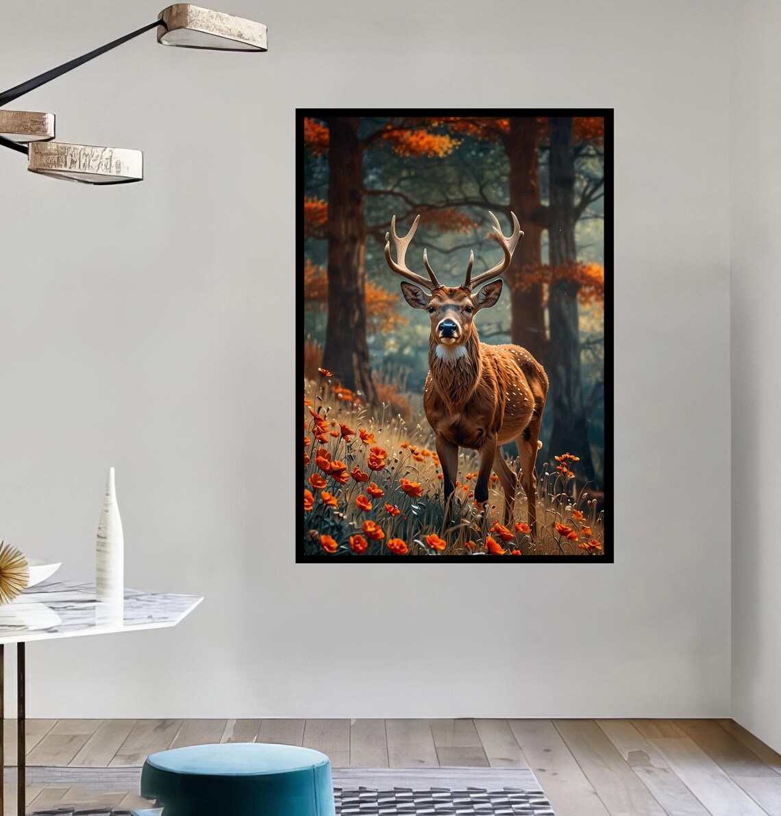 Spotted Deer Standing In Autumn Forest Meadow Poppy Flowers Poster - Image 3