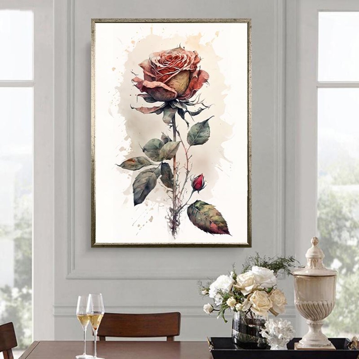 Single Watercolor Rose on Tall Stem Soft Blush Pink Bloom Poster - Image 3