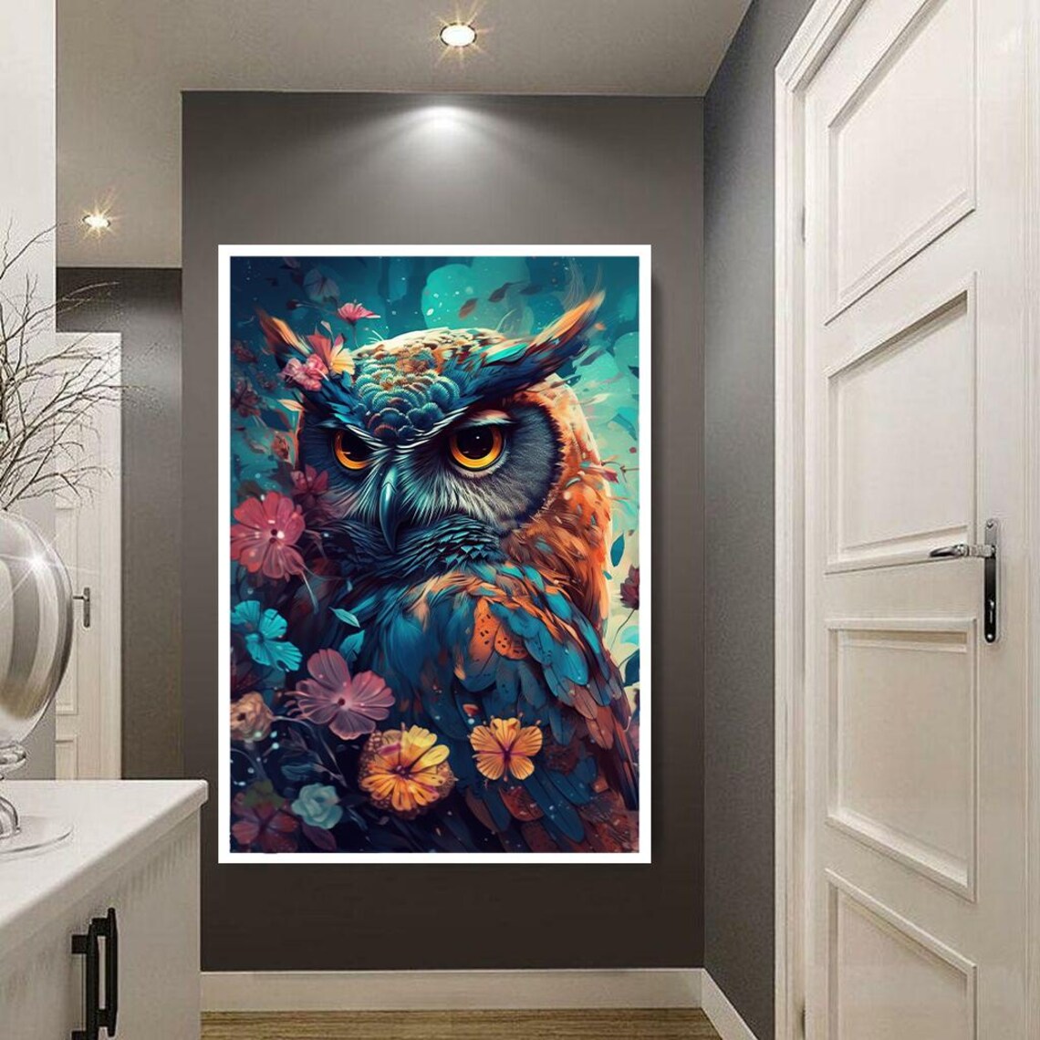 Colorful Owl Portrait Among Bright Blooming Flowers Garden Poster - Image 4