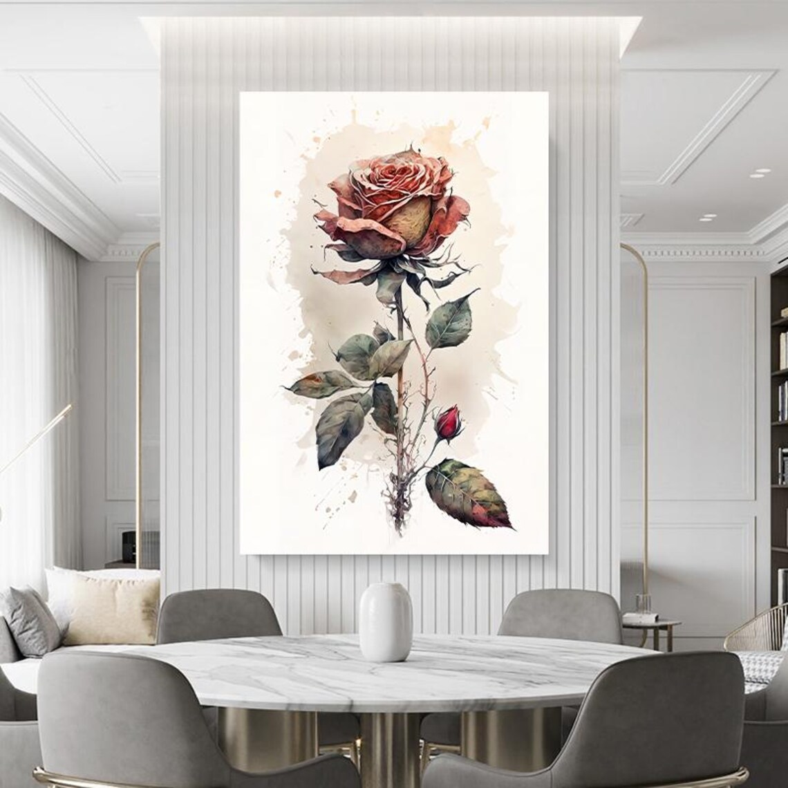 Single Watercolor Rose on Tall Stem Soft Blush Pink Bloom Poster - Image 4