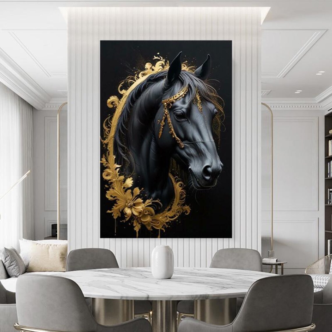 Black Horse With Golden Ornamental Bridle Regal Equine Art Poster - Image 3