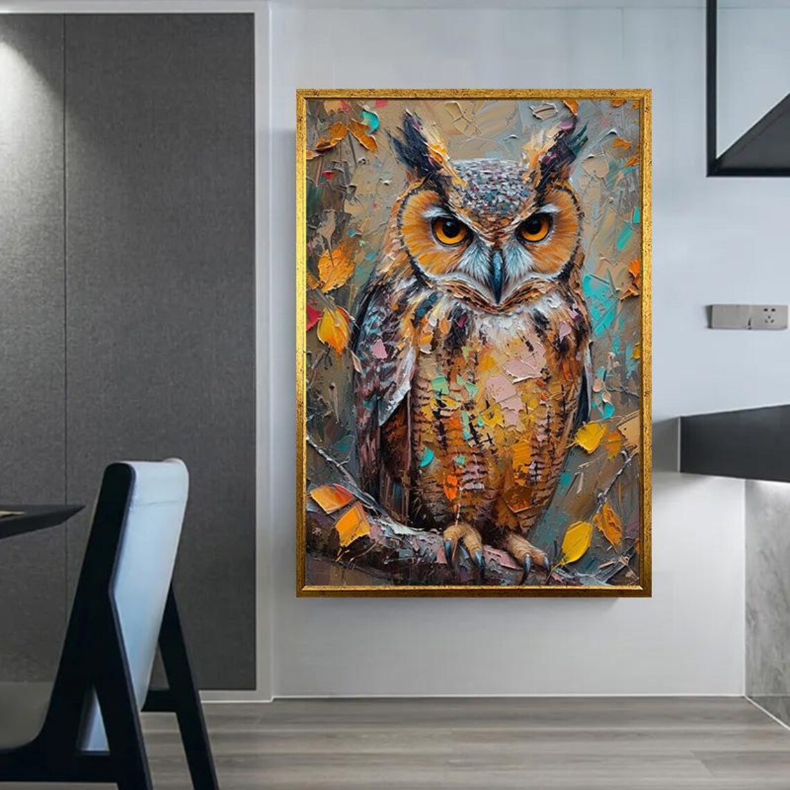 Impasto Owl Among Autumn Leaves Textured Oil Painting Bird Poster - Image 5
