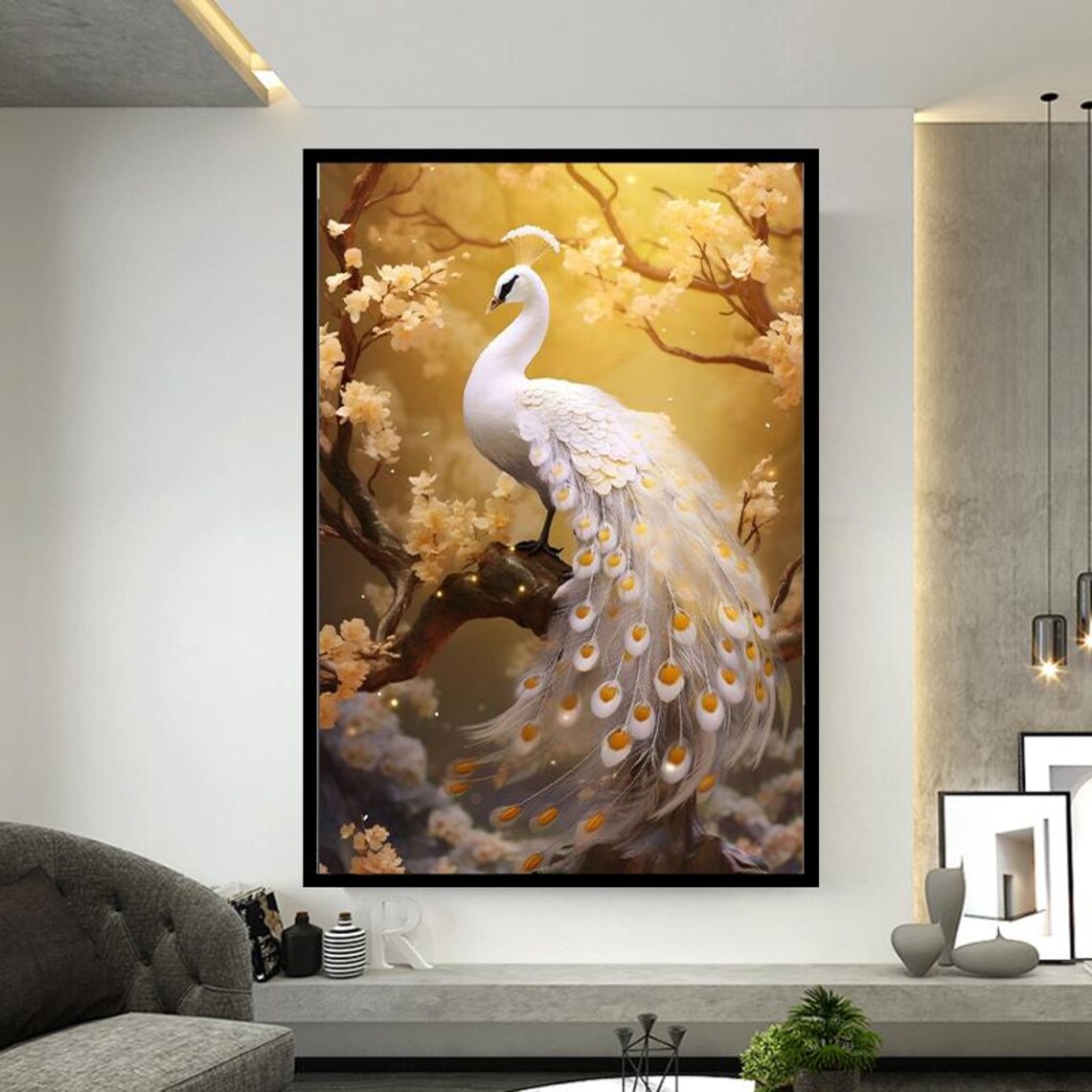 Elegant White Peacock On Golden Blossom Branch Floral Bird Poster - Image 2