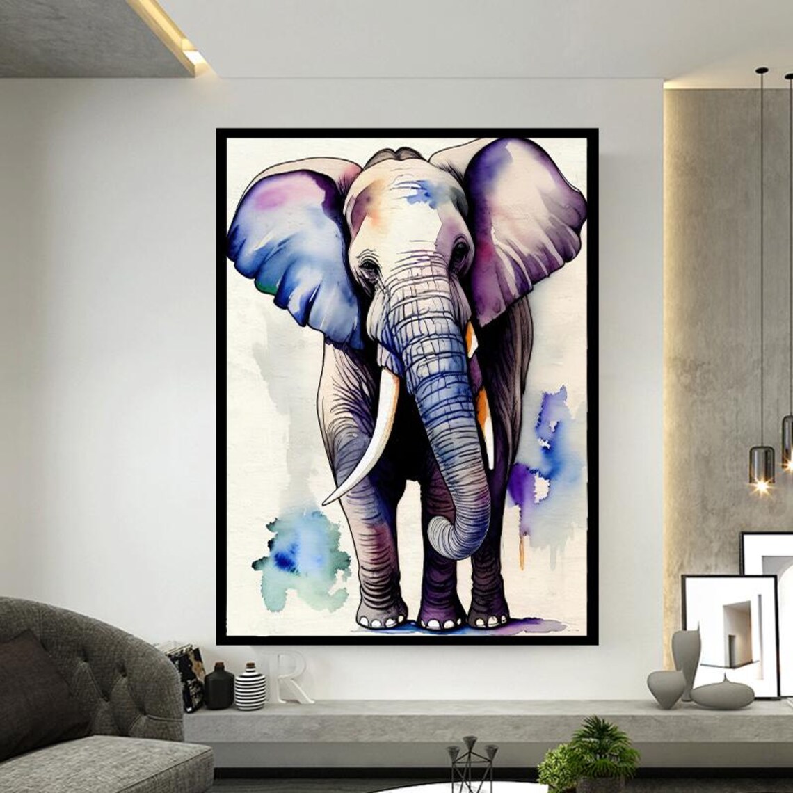 Gentle Watercolor Elephant in Blue Purple Washes Wildlife Poster