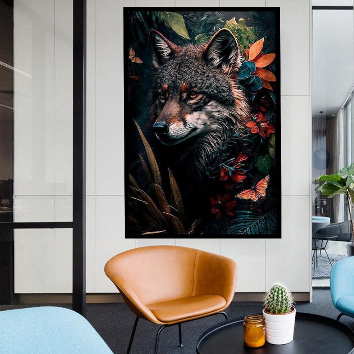 Wolf Portrait Among Dark Flowers And Butterflies Forestcore Poster - Image 2