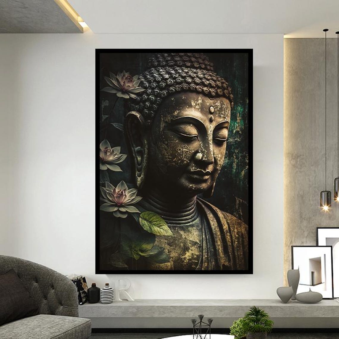 Golden Buddha With Lotus Flowers On Deep Dark Botanical Wall Art - Image 3