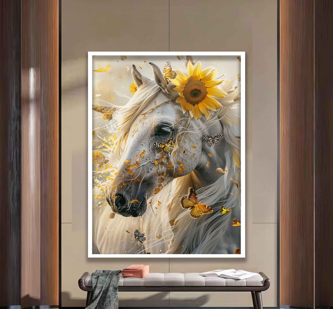 Majestic White Horse Sunflowers Butterflies Elegant Equine Wall Art - Image 2