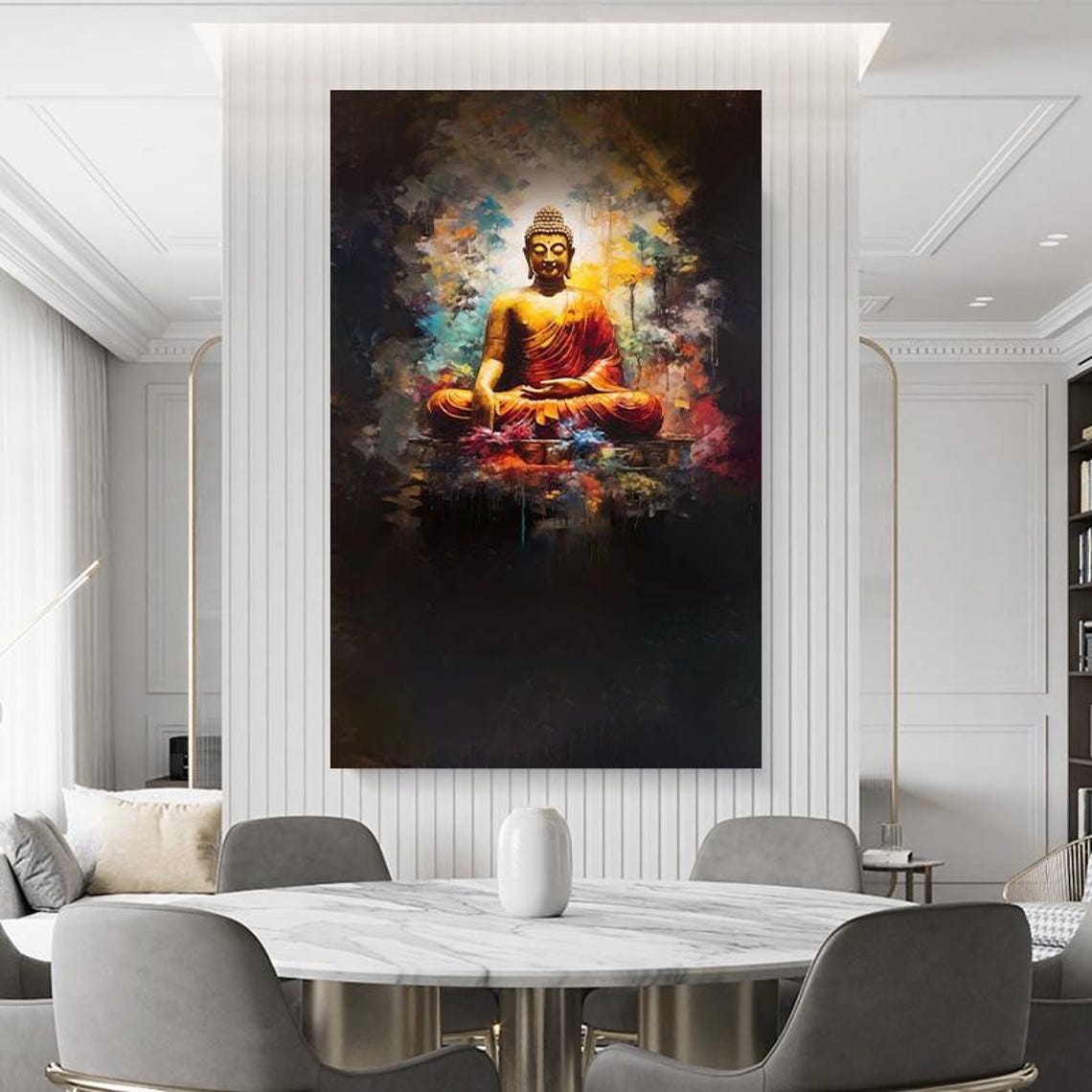 Golden Buddha Meditating On Lotus Flower Dark Background Art Poster - Image 3