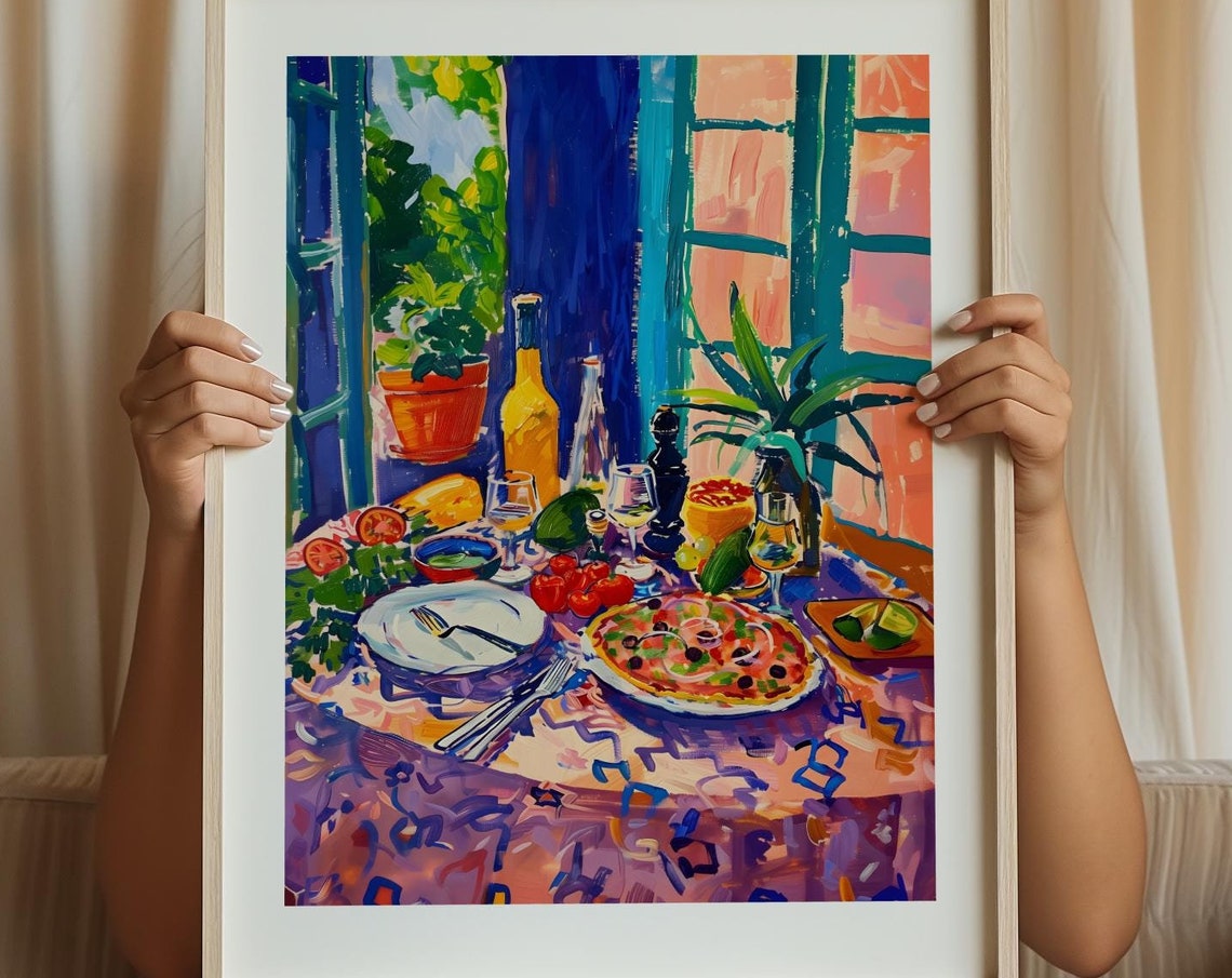 Italian Pizza Night Dinner Table Scene Colourful Kitchen Poster - Image 2