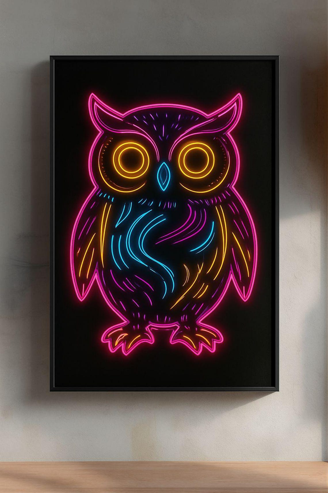 Neon Owl Glowing Sign Style Pink Blue Eyes Animal Art Poster