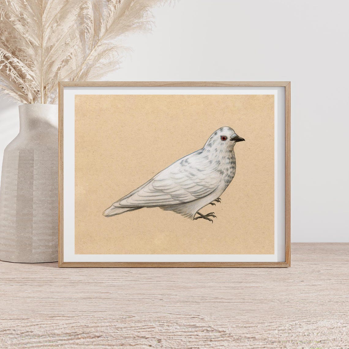 White Pigeon on Kraft Paper Minimalist Bird Illustration Art Poster