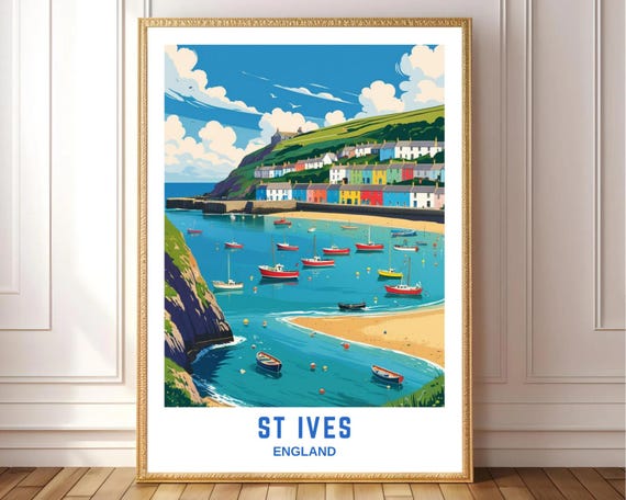 St Ives England Coastal Wall Art Print Colorful Seaside Village Illustration Retro Travel Poster Decor