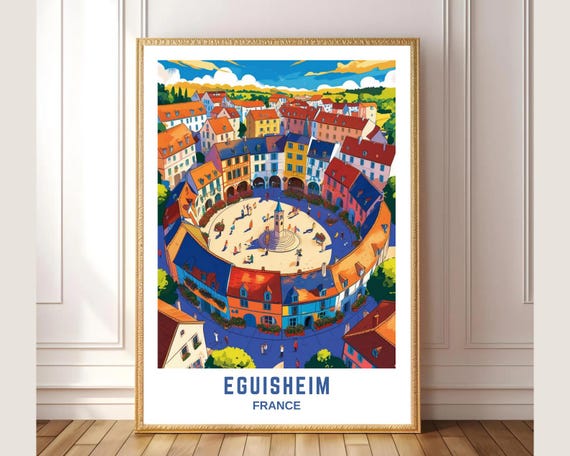 Eguisheim France Travel Poster Colorful Medieval Village Wall Art Print European Architecture Illustration Home Decor