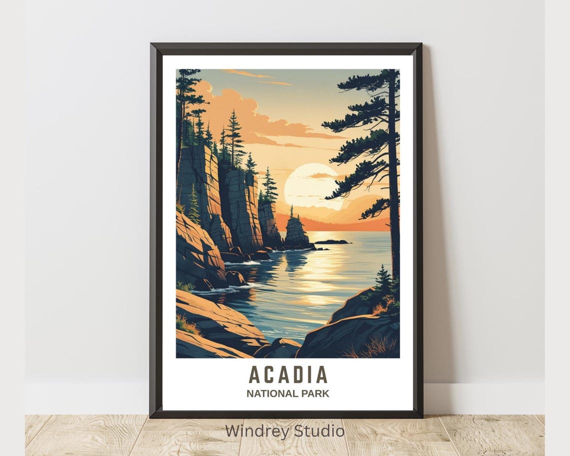 Acadia National Park Coastal Cliffs Sunset Pine Rocky Shore Poster