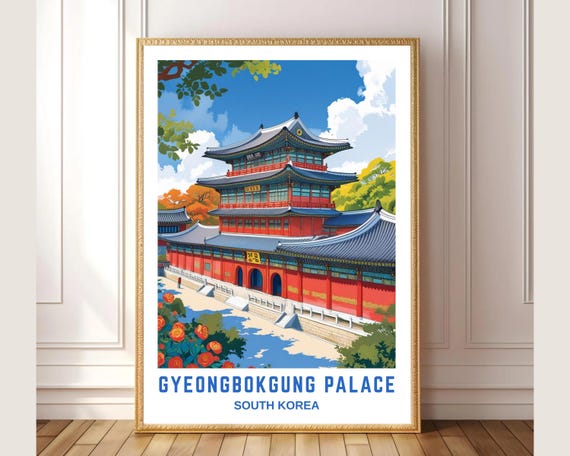 Gyeongbokgung Palace Wall Art Print South Korea Travel Poster Seoul Architecture Illustration Korean Cultural Home Decor