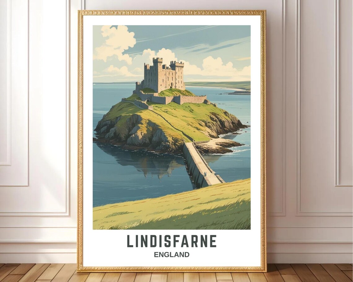 Lindisfarne England Holy Island Castle Causeway Coastal Travel Poster