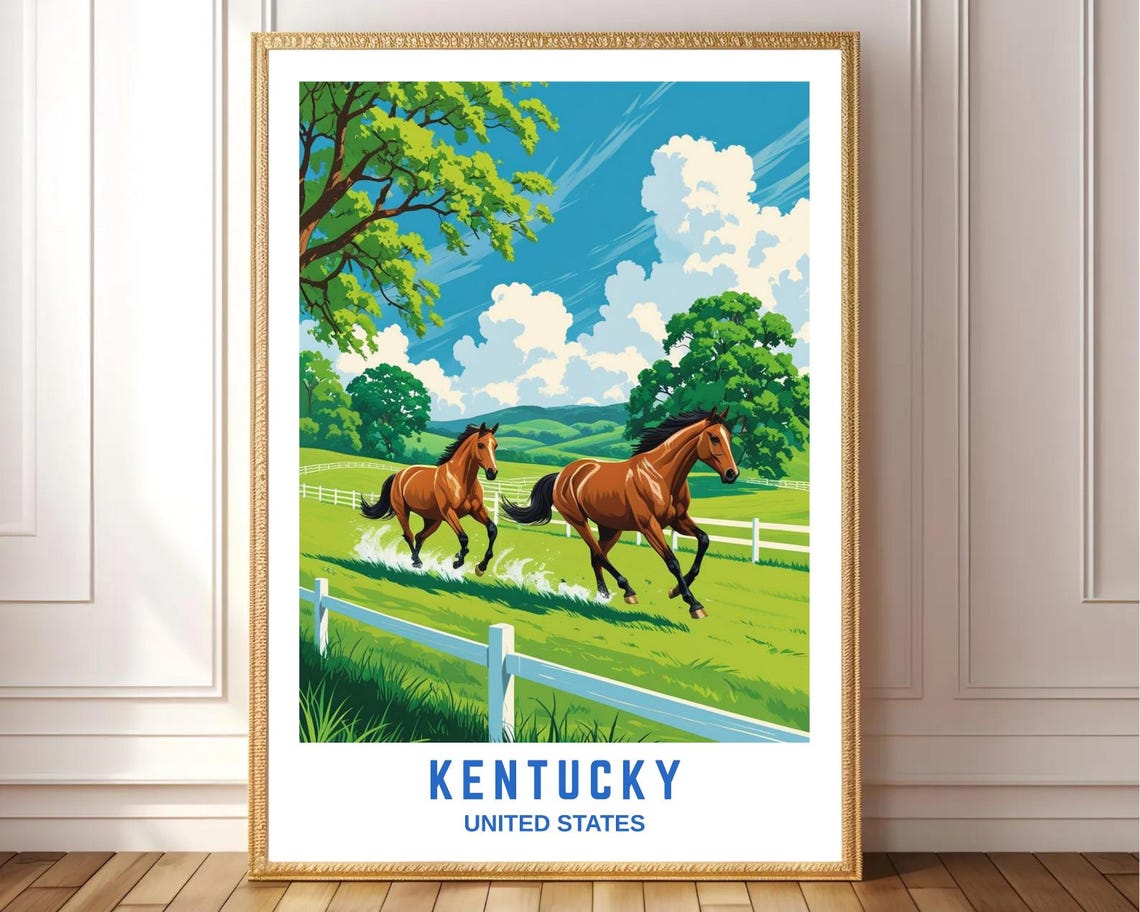 Kentucky Horse Farm Galloping Thoroughbreds Vintage Travel Poster