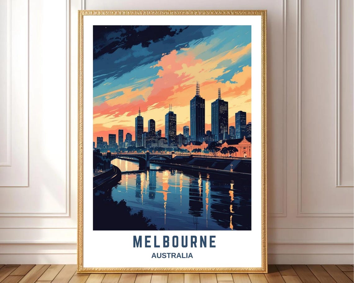 Melbourne Australia Sunset Skyline River Reflections City Poster