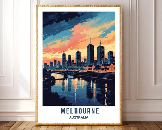Melbourne Skyline Wall Art Print Sunset Cityscape Poster Australia Travel Decor Modern Urban Landscape Illustration