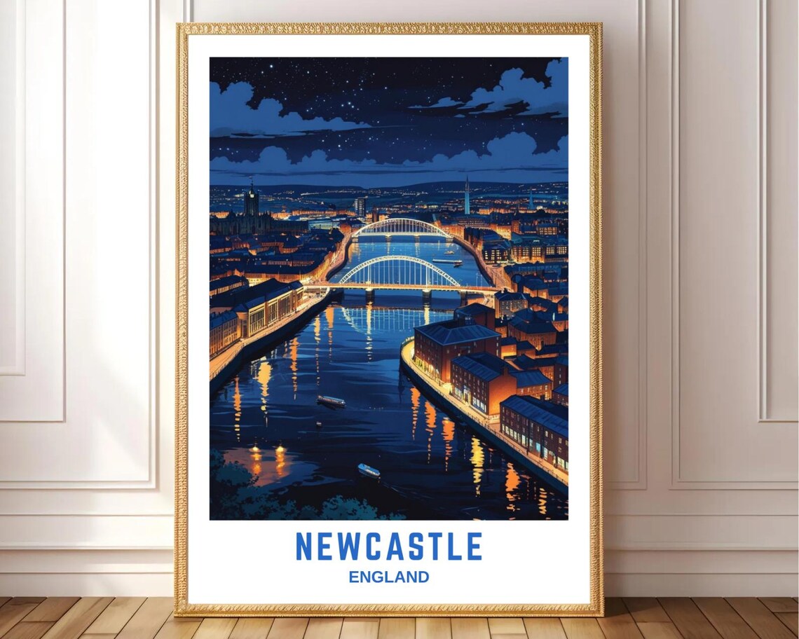 Newcastle England Night Cityscape River Tyne Bridges Travel Poster