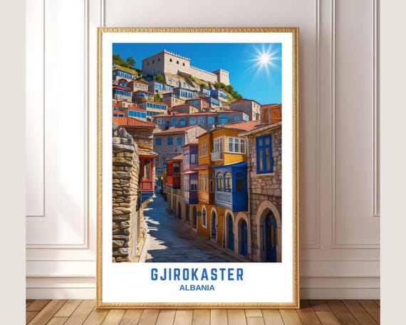 Gjirokaster Albania Travel Poster Colorful Old Town Wall Art Mediterranean Architecture Print