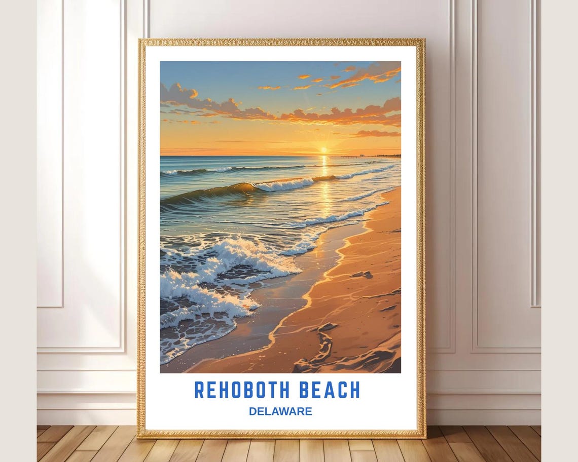 Rehoboth Beach Delaware Golden Sunset Ocean Waves Travel Poster