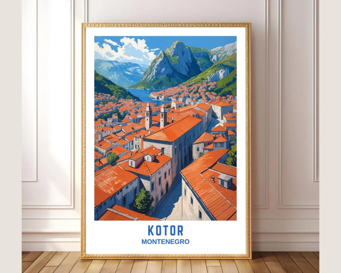 Kotor Montenegro Red Rooftops Bay Mountain Old Town Travel Poster