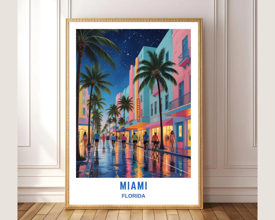 Miami Florida Ocean Drive Retro Art Deco Night Scene Neon Palm Poster