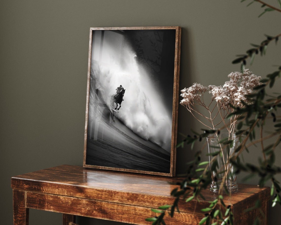 Horseback Rider Surfing a Giant Wave in Black and White Photo Poster