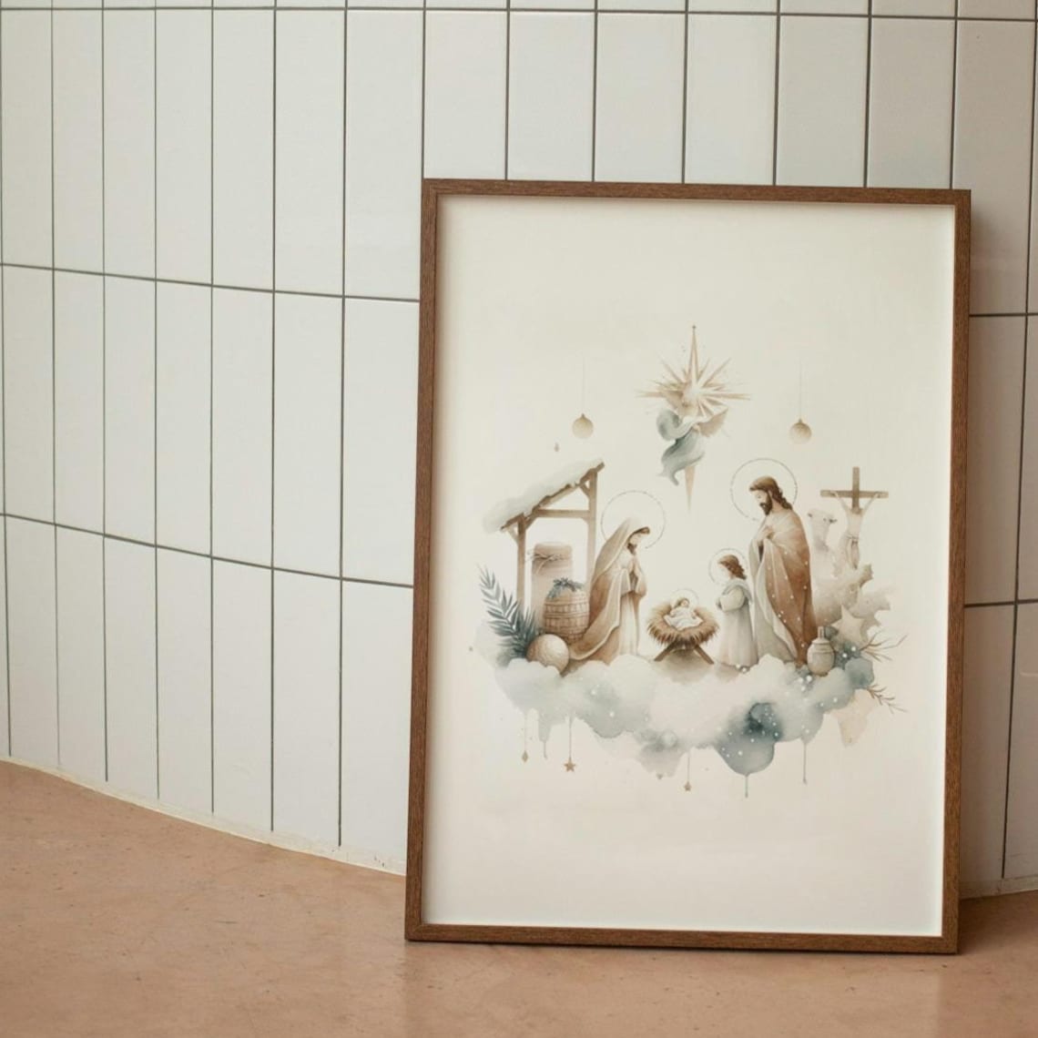 Watercolor Nativity Holy Family Angel Star Christmas Art Print