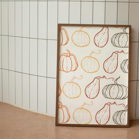 Fall Pumpkin Pattern Line Art Autumn Harvest Poster Rustic Decor Gift