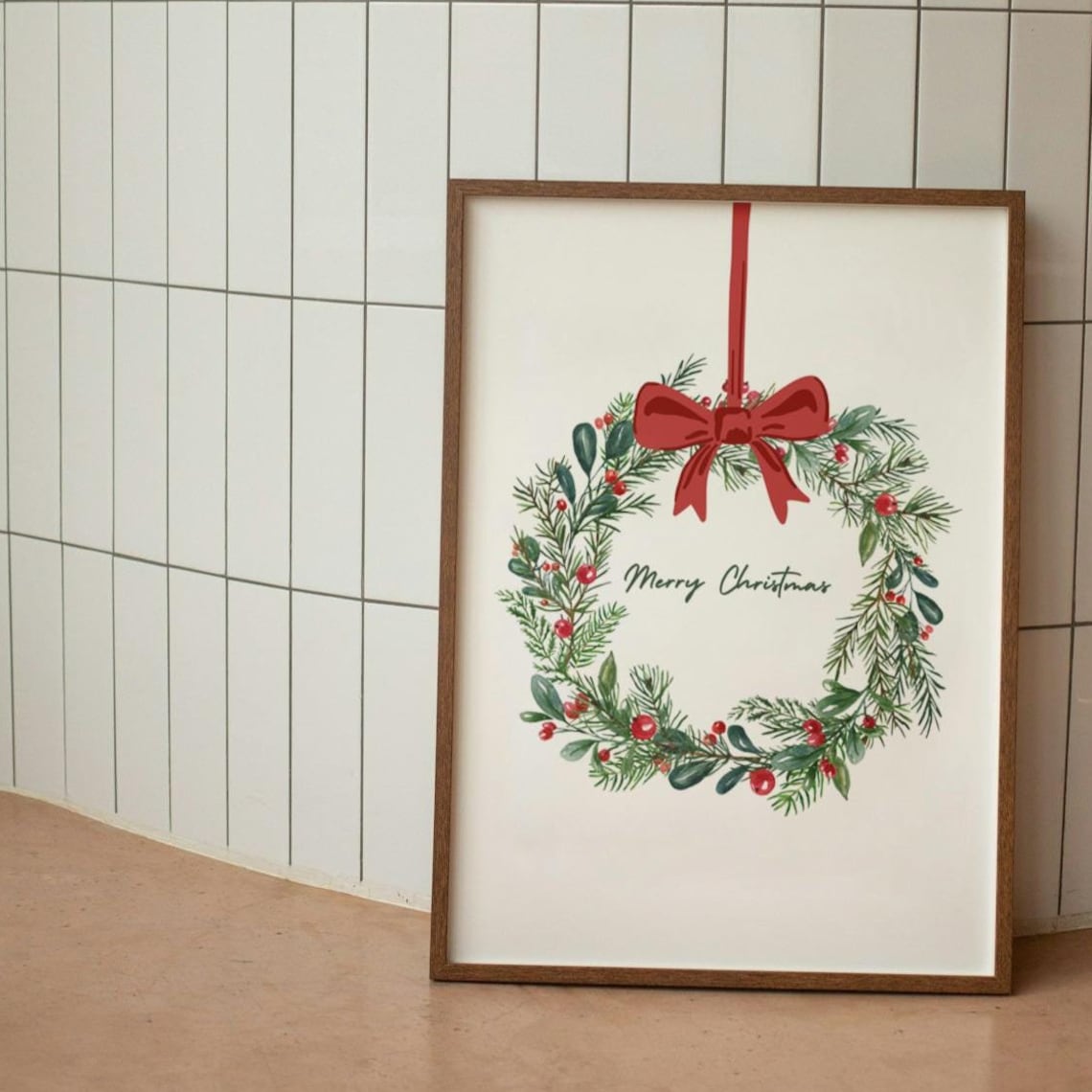 Merry Christmas Watercolor Pine Wreath Red Bow Holiday Wall Art