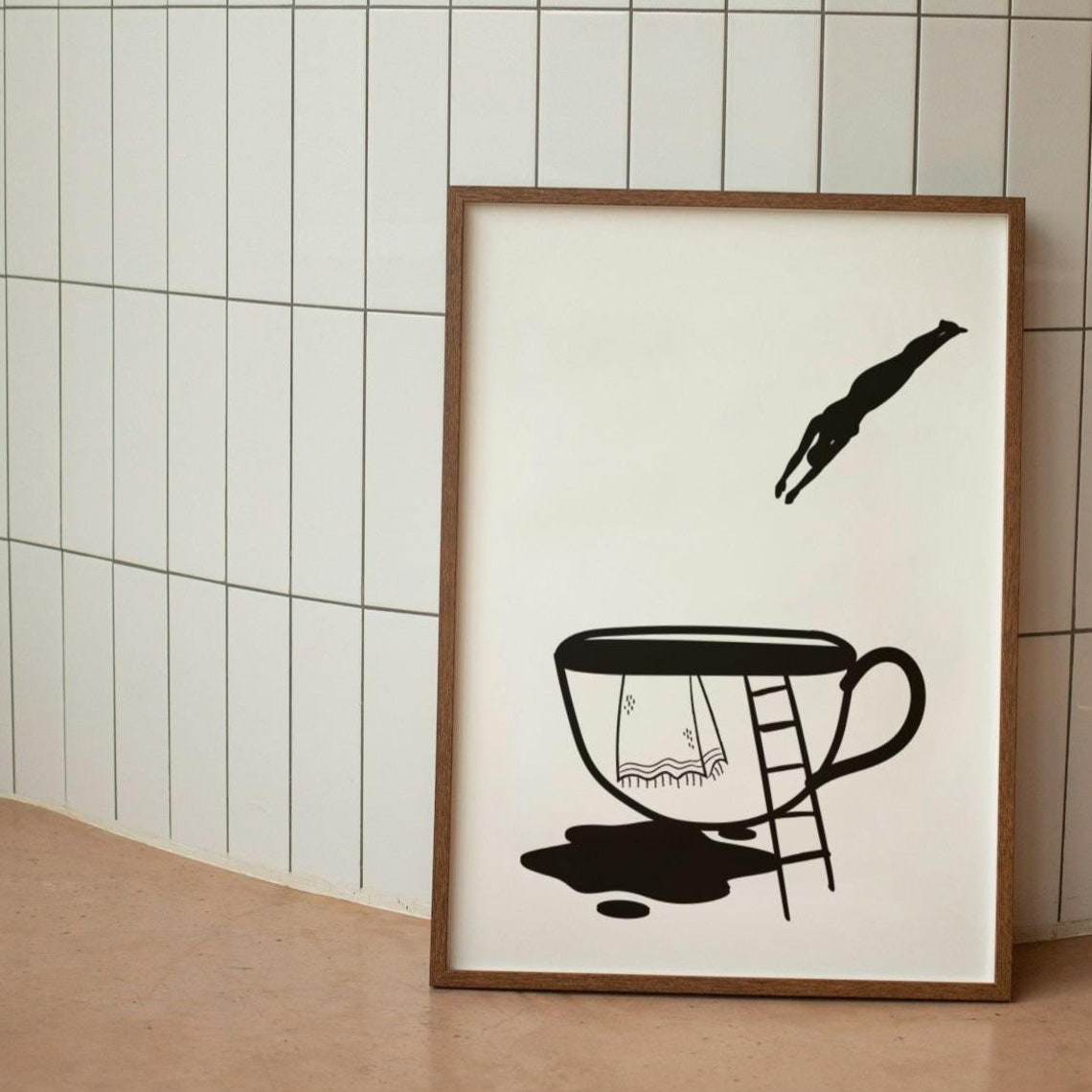 Diver Into Tea Cup Surreal Black Line Art Poster Quirky Tea Decor