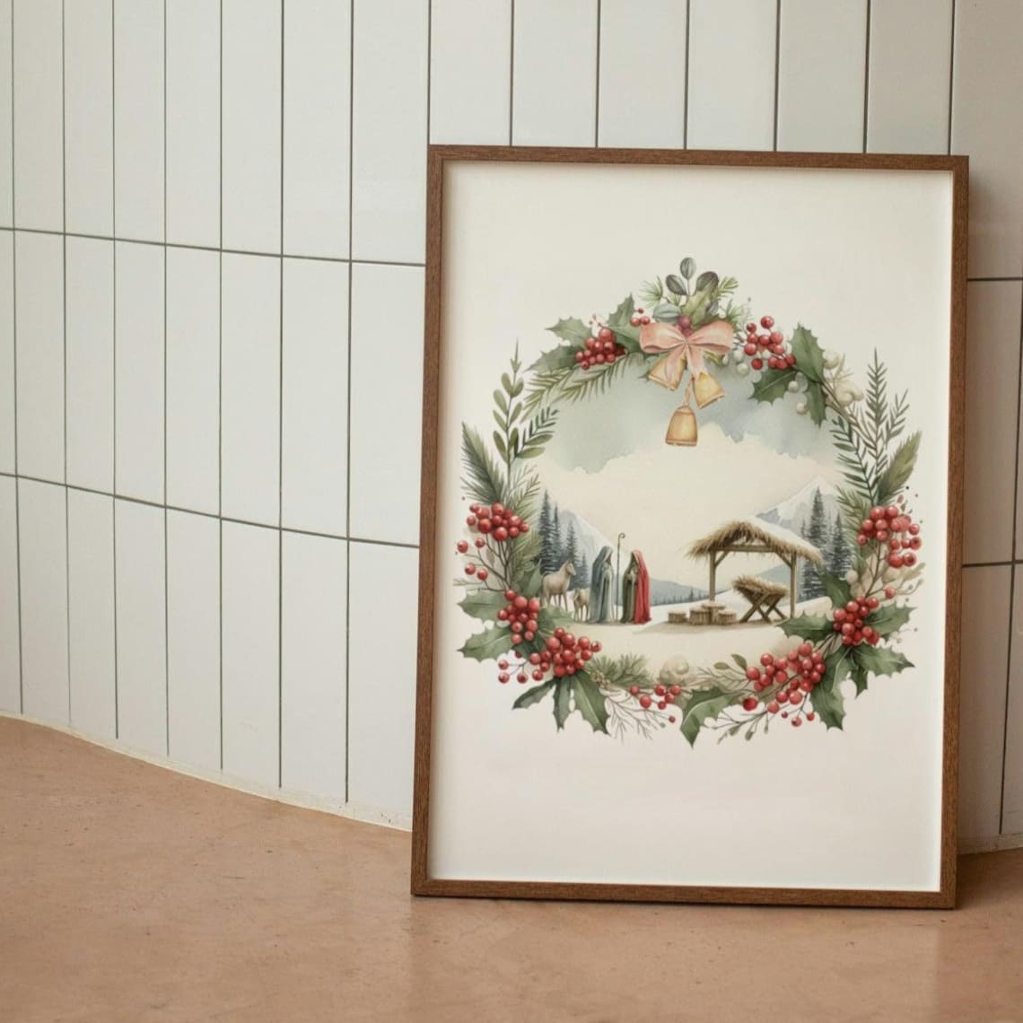 Minimalist Christmas Nativity Watercolor Wreath Holly Bells Art Poster