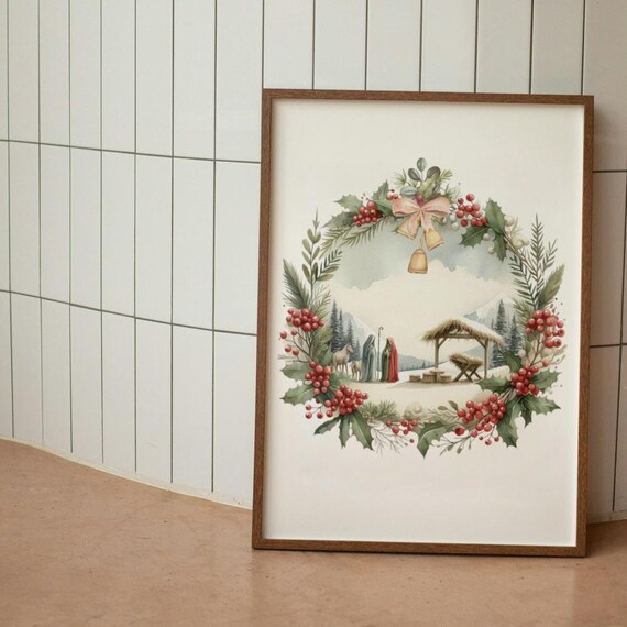 Minimalist Christmas Nativity Watercolor Wreath Holly Bells Art Poster