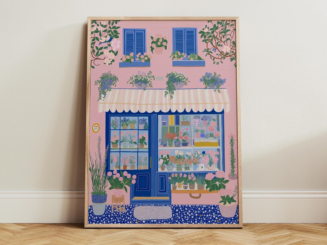 Pink Flower Shop Storefront With Blue Door and Striped Awning Print