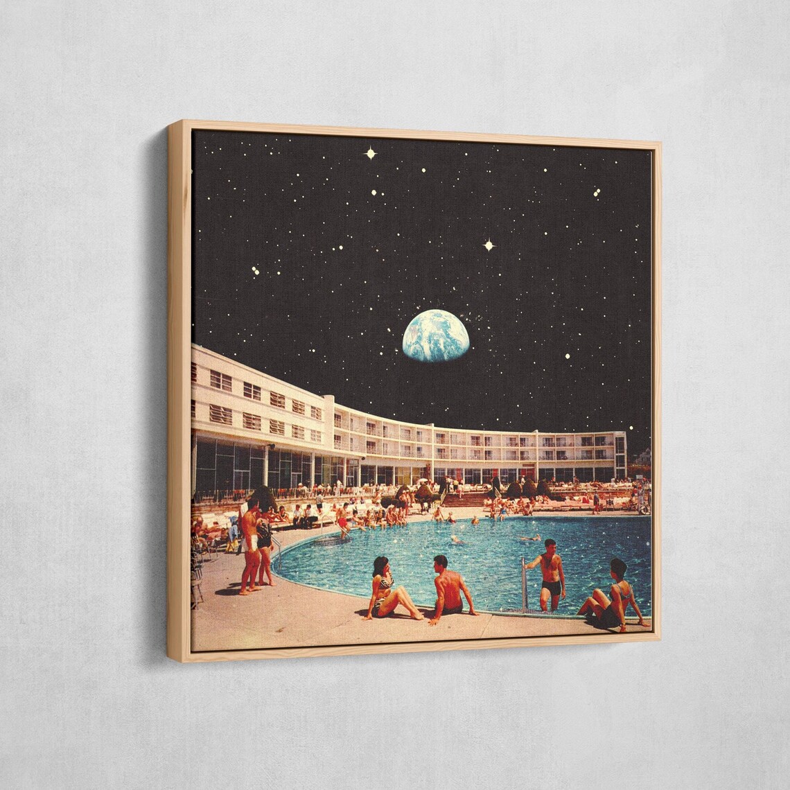Lunar Pool Night Sky Moon Vintage Hotel Collage Retro Futurism Poster