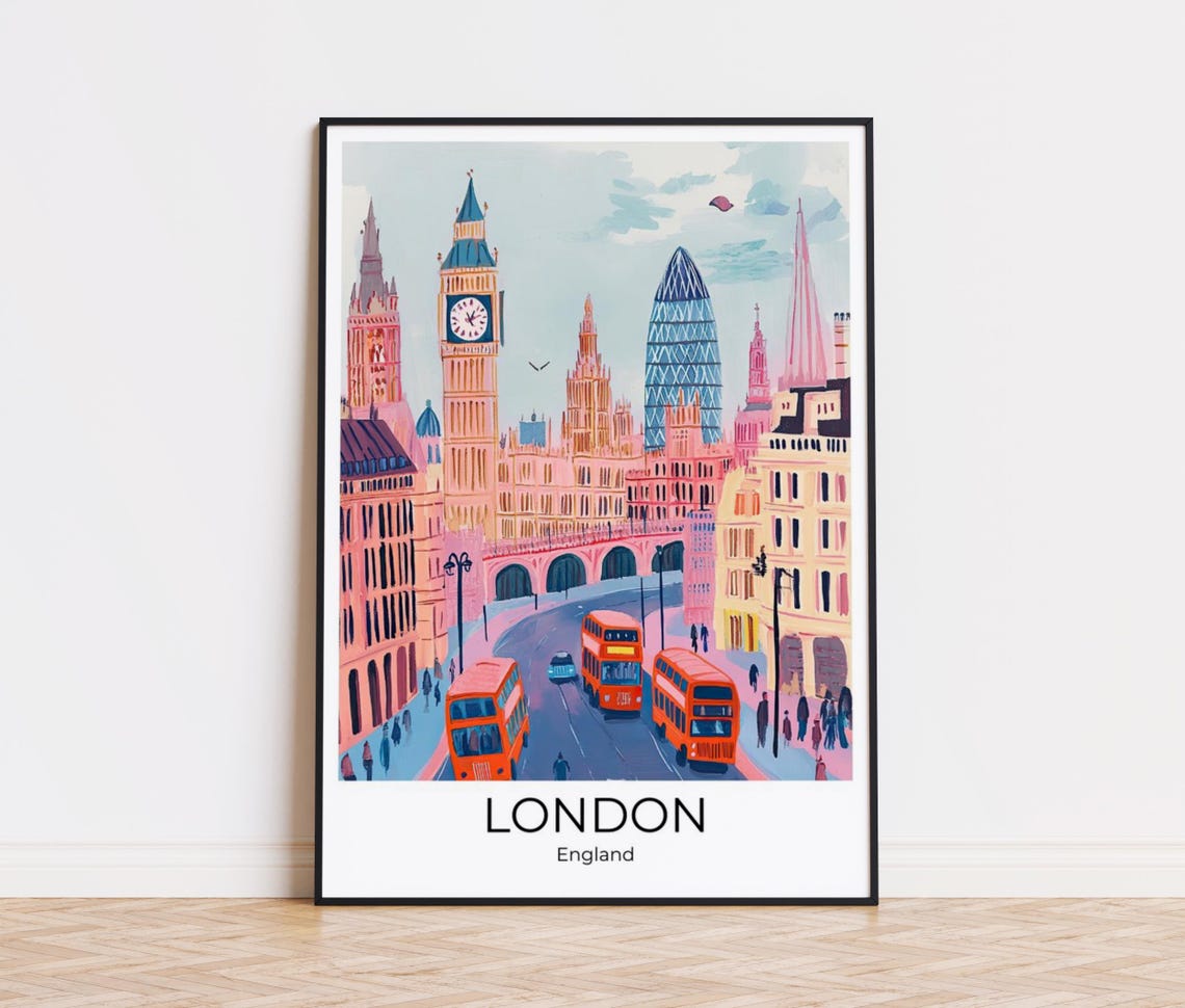 London England Big Ben Red Bus Street City Illustration Poster