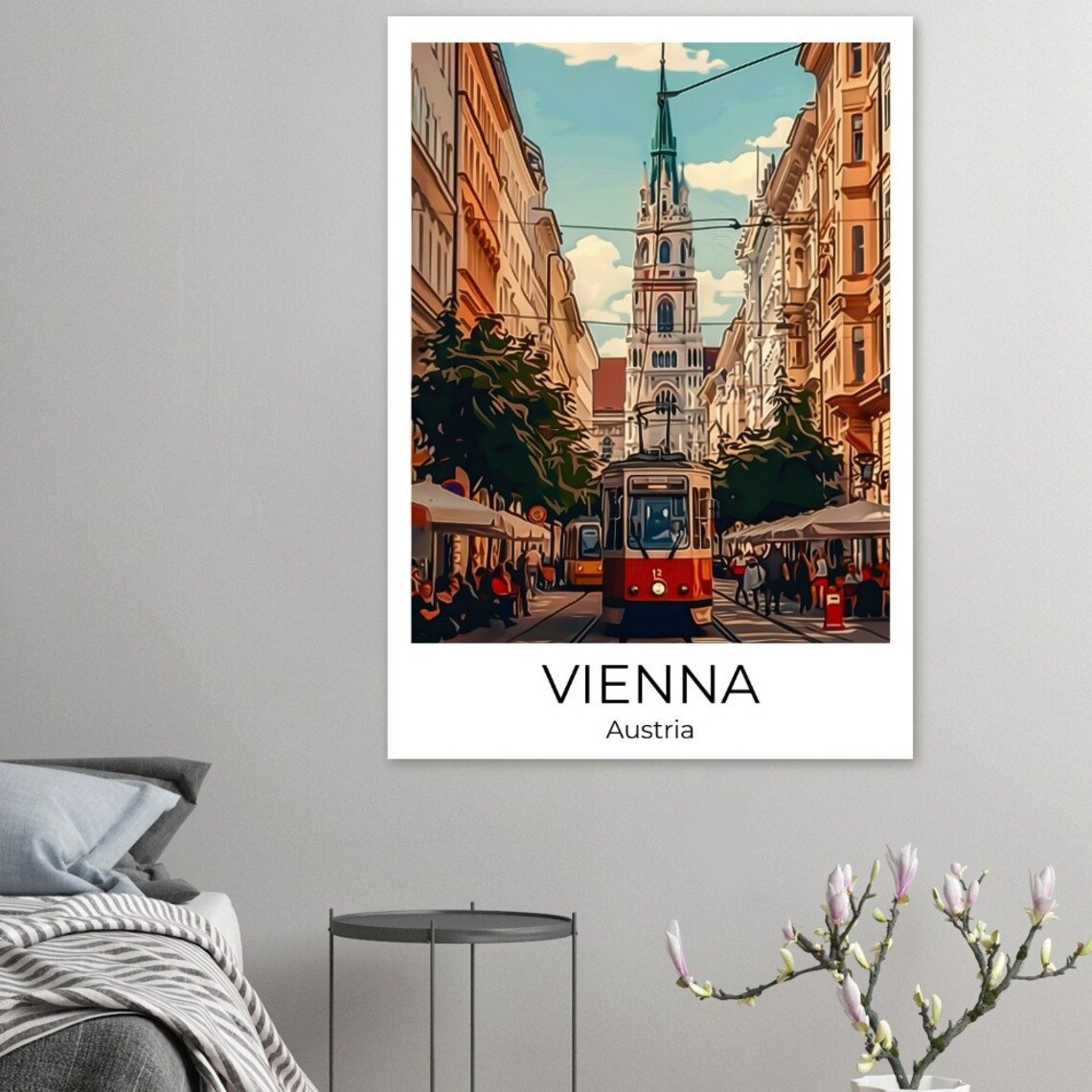Vienna Austria Vintage Tram Street Church Spire Illustration Poster - Image 3