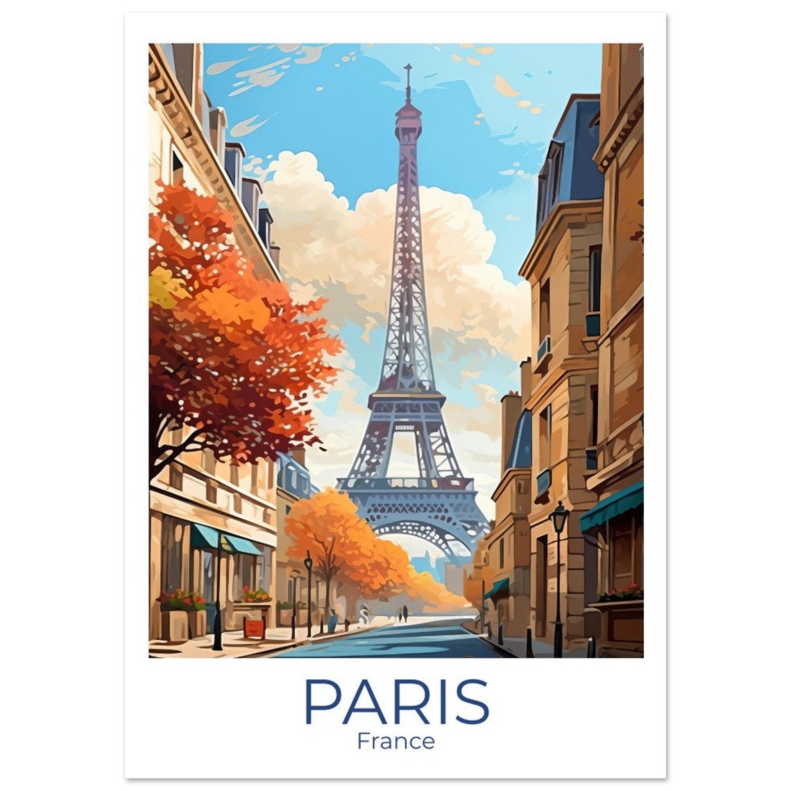 Illustrated Paris Eiffel Tower Autumn Street Scene Travel Poster - Image 4