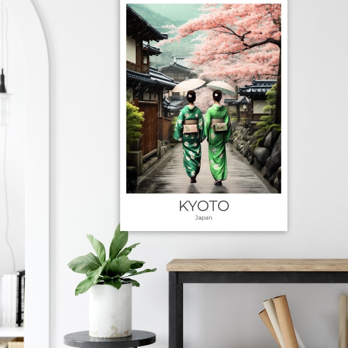 Kyoto Japan Green Kimono Umbrellas Cherry Blossom Street Poster - Image 4