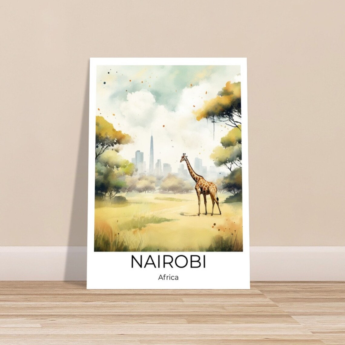 Nairobi Africa Watercolor Giraffe Against City Skyline Poster