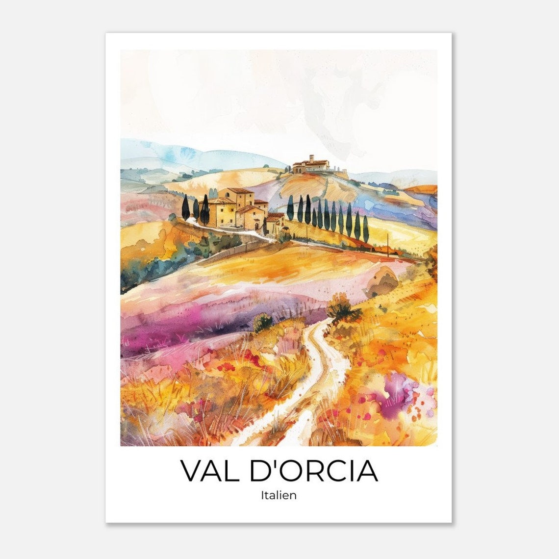 Val d'Orcia Tuscany Watercolor Poster Italy Soft Rolling Hills Art