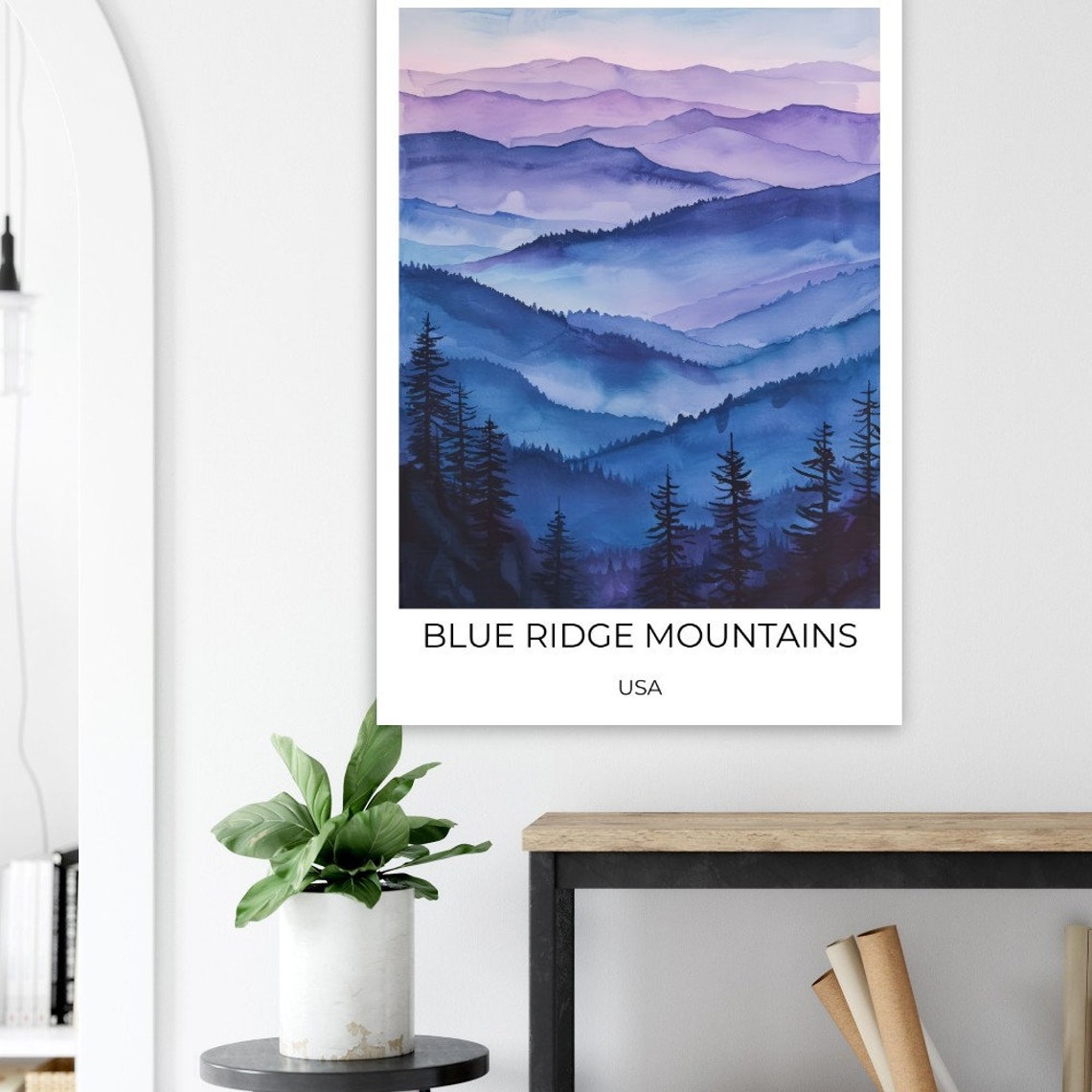 Blue Ridge Mountains USA Purple Dusk Pine Forest Watercolor Art Poster - Image 2