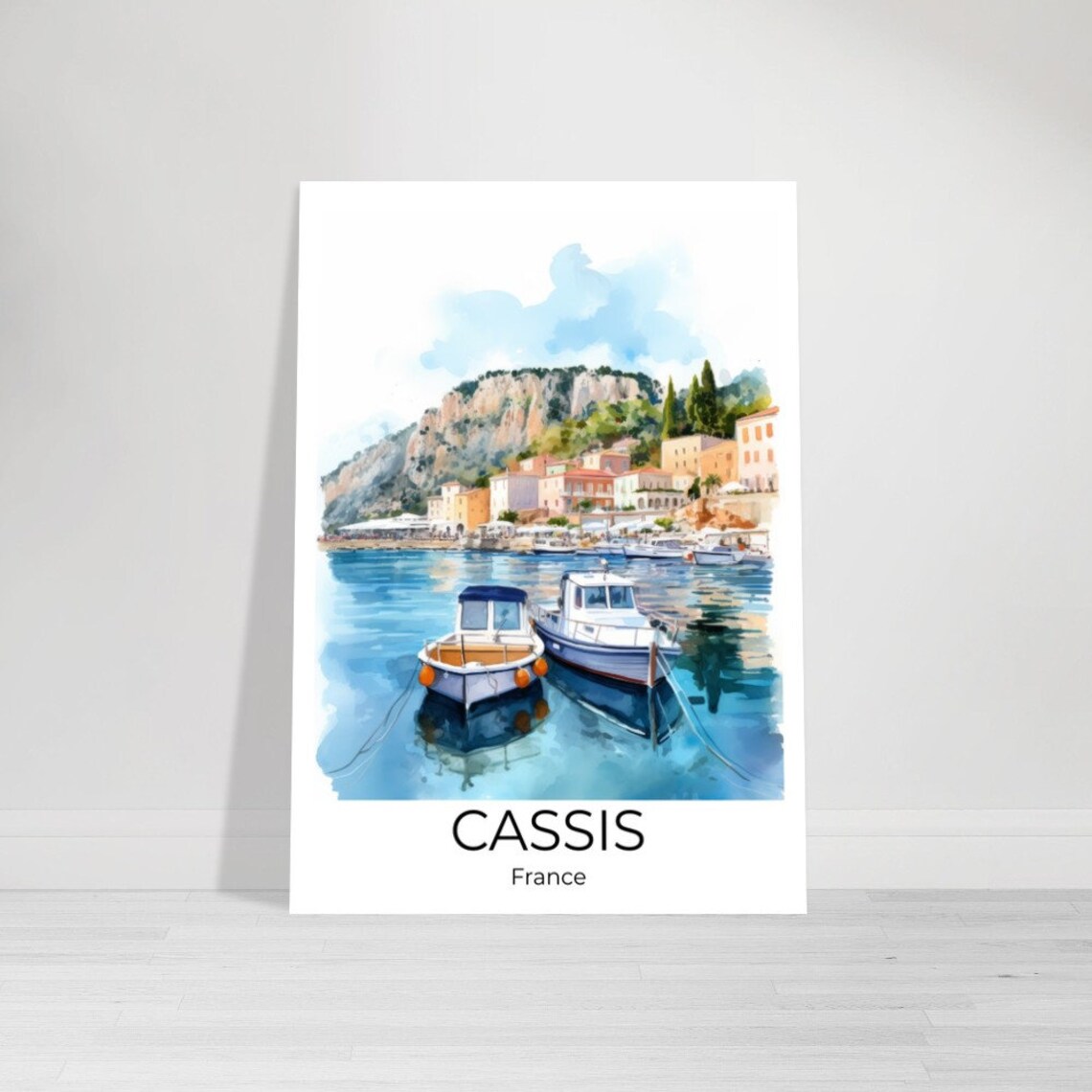 Cassis France Harbor Sailboats Watercolor Cliff Town Travel Poster