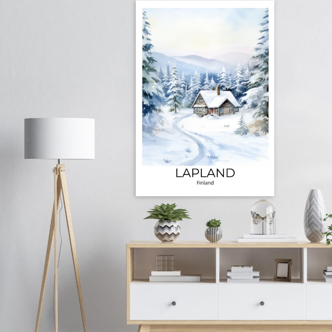 Lapland Finland Snowy Watercolor Winter Cabin Pine Trees Poster - Image 2