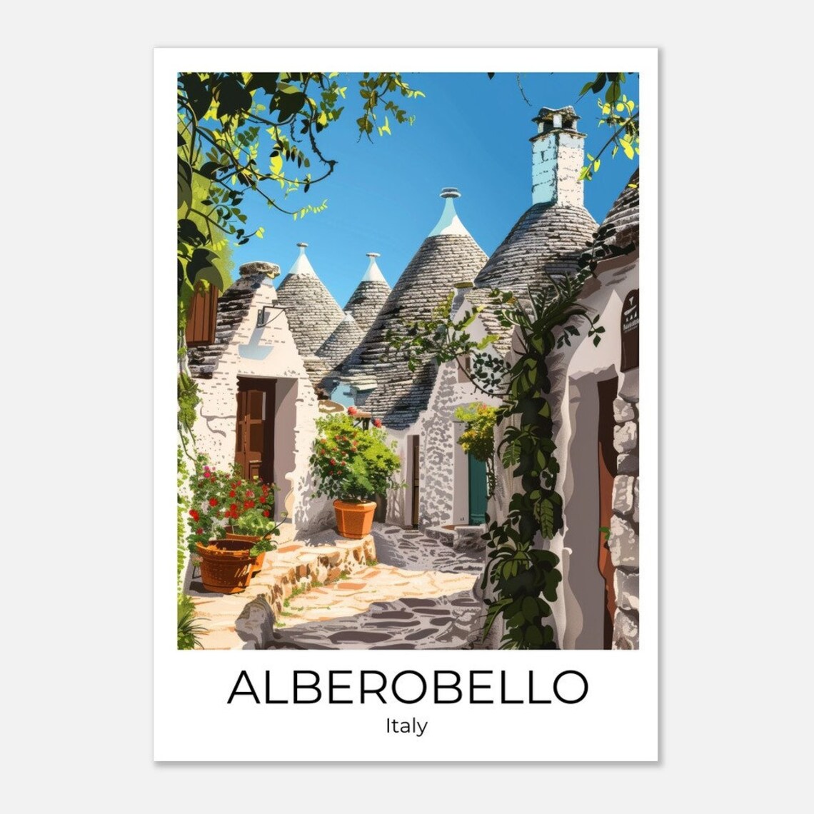 Alberobello Italy Trulli Stone Houses Alley Watercolor Travel Poster