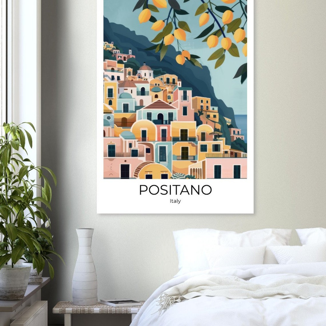 Positano Italy Travel Poster Amalfi Coast Village Lemon Branches Art - Image 2